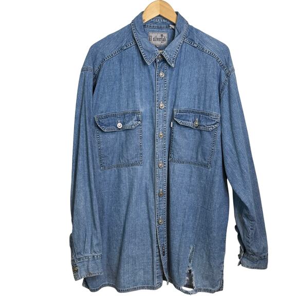 Vintage 1990's  XL Levis SilverTab Denim Jean Chambray Shirt Tack Stud Buttons - Picture 1 of 8